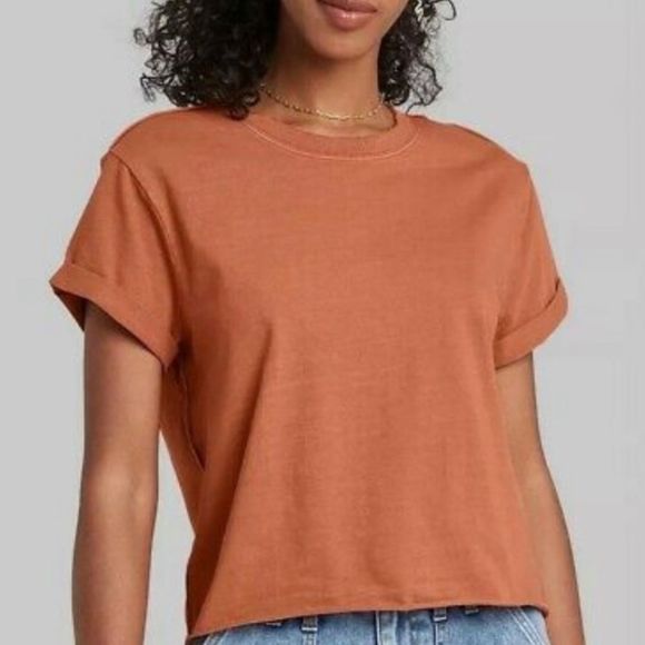 wild fable Tops - Wild Fable burnt rust orange raw hem boxy semi cropped cotton t shirt